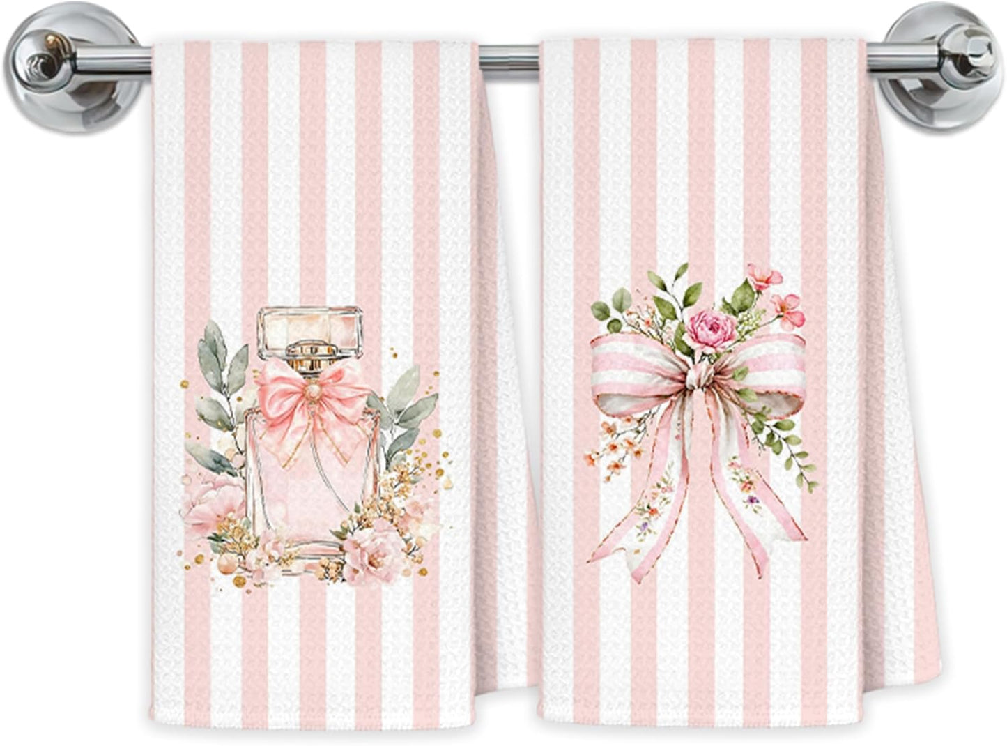 Coquette Pink Bow Floral Bathroom Hand Towels, Coquette Girly Bathroom Decor, Pink and White Striped Perfume Decorative Hand Towels for Bath Room Washroom Restroom, 16x24 Inch Set of 2