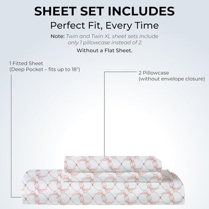 100% Cotton Percale Fitted Sheet Set, King, 18" Deep, Pink Bows, No Flat | Coordinated pillowcases complete the bed with a cool, crisp feel and smooth look for easy bedroom setup