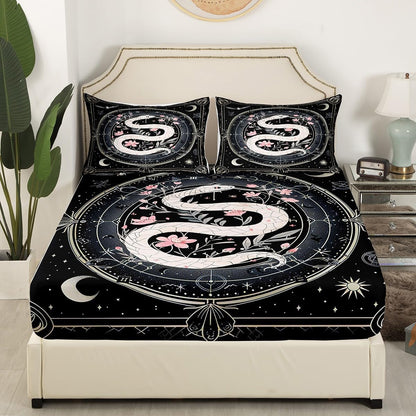 White Snake Bedding Set Twin Size Pink Peach Blossom Bed Set for Girls Teens Bedroom Decor Kids Boho Sun Moon Fitted Sheet Soft Microfiber Mysterious Snake Bed Cover(1 Fitted Sheet+1 Pillow Case)