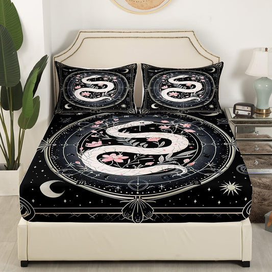 Castle Fairy White Snake Sheet Set,Kids Pink Peach Blossom Bed Sheets Set,Boho Sun Moon Bedding Set for Boys Teens Sheets Soft Room Decor Twin Size(1 Flat Sheet+1 Fitted Sheet+1 Pillowcase)