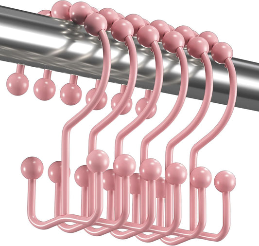 Titanker Shower Curtain Hooks Rings, Rust-Resistant Metal Double Glide Shower Hooks for Bathroom Shower Rods Curtains, Set of 12 Hooks - Light Pink