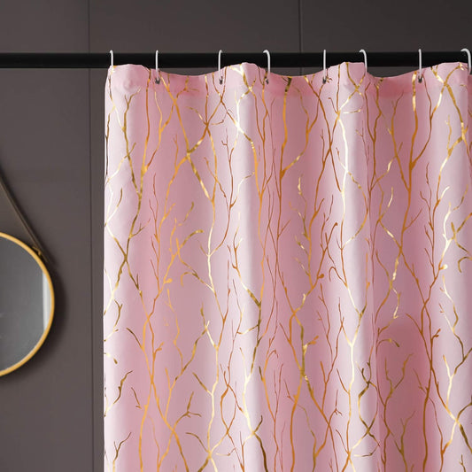 FINECITY Pink Shower Curtain - Metallic Gold Foil Branch Pattern Print Shower Curtain 72 Inch Long, Grommet Shower Curtain Set with 12 Hooks, 72 x 72 Inch, Pink and Gold