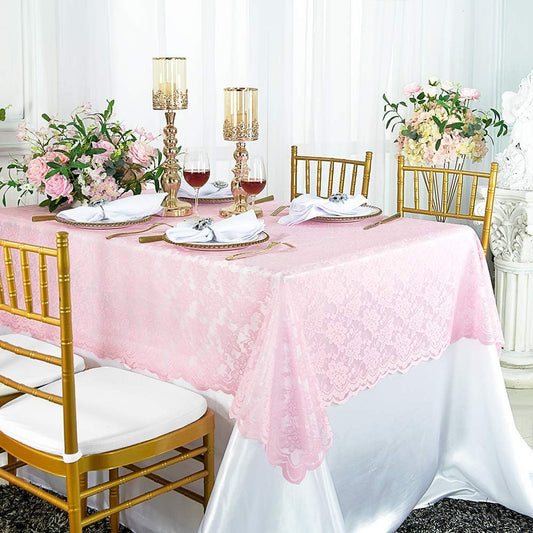54" x 108" Pink Lace Rectangular Tablecloth for Wedding, Baby Shower, Valentine's Day