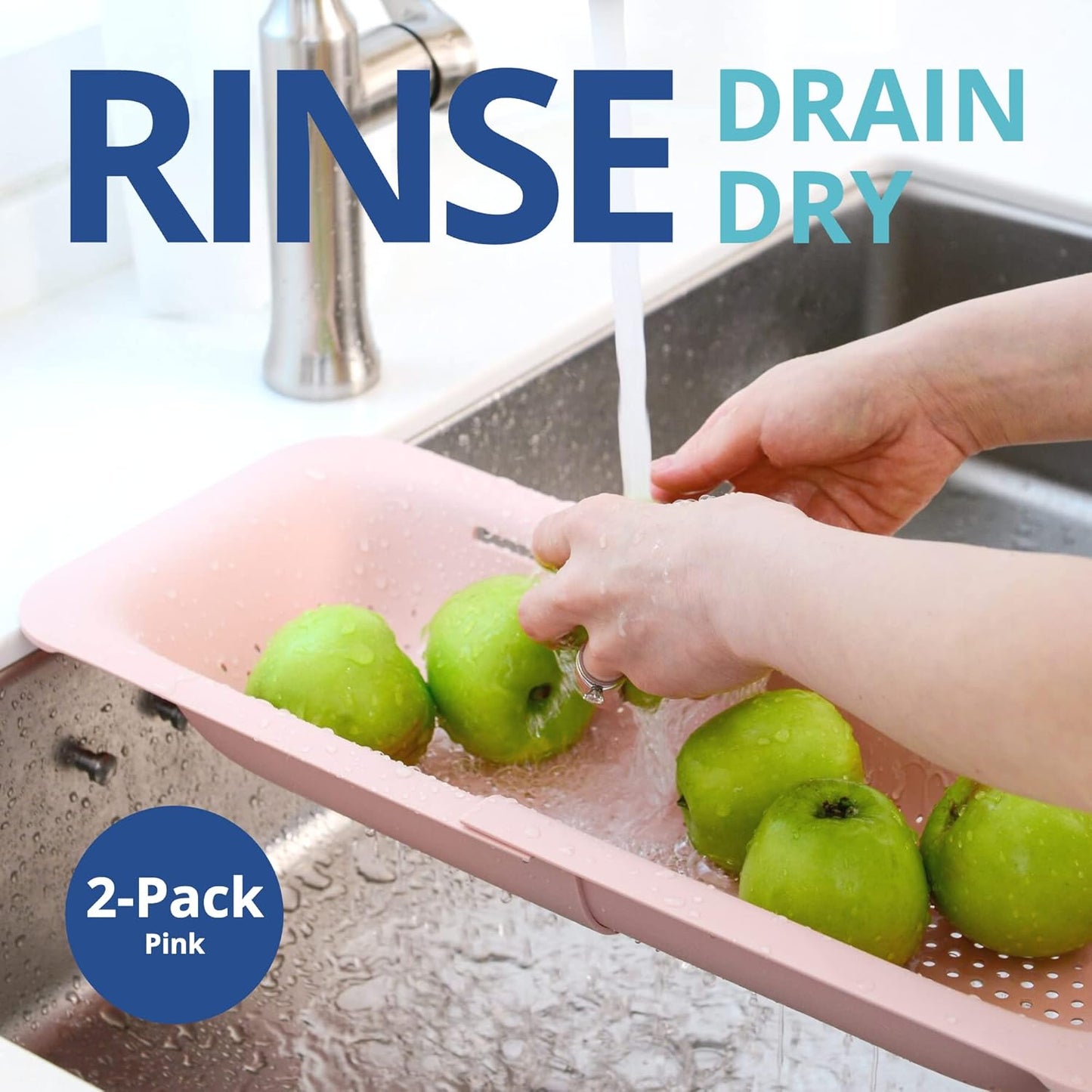 BLUE GINKGO Over the Sink Colander Strainer Basket - Wash Vegetables and Fruits, Drain Cooked Pasta and Dry Dishes - Extendable - New Home Kitchen Essentials (Pink, 2 Pack)
