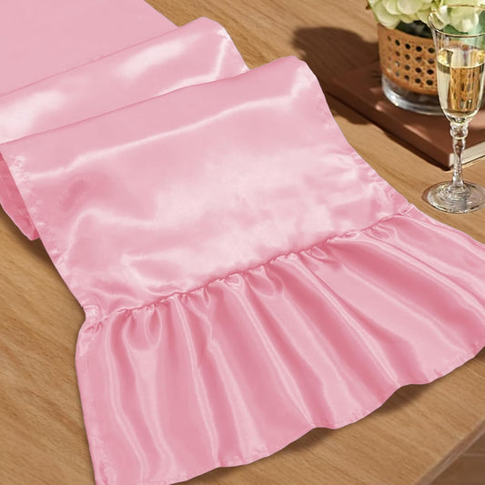2 Pack Pink Satin Table Runner 12 x 72 Inch Ruffle Table Runner,Satin Runners for Tables-Luxurious Dining and Party Decor