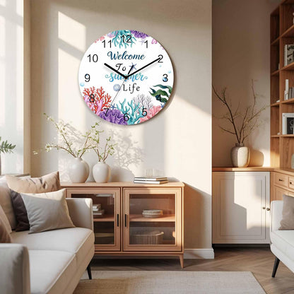 Underwater Coastal Wall Clock Battery Operated Non-Ticking 12" Round Wood Clocks, Summer Ocean Pink Plaid Corals Kitchen Wall Clock for School Bathroom Living Room Home Office Wall Decor