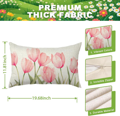 Pillow Covers 18x18 Set of 4 Tulip Home Sweet Home Pink Throw Pillows Decorative Pillow Cases Hello Summer Spring Seasonal Farmhouse Decorations for Sofa Couch