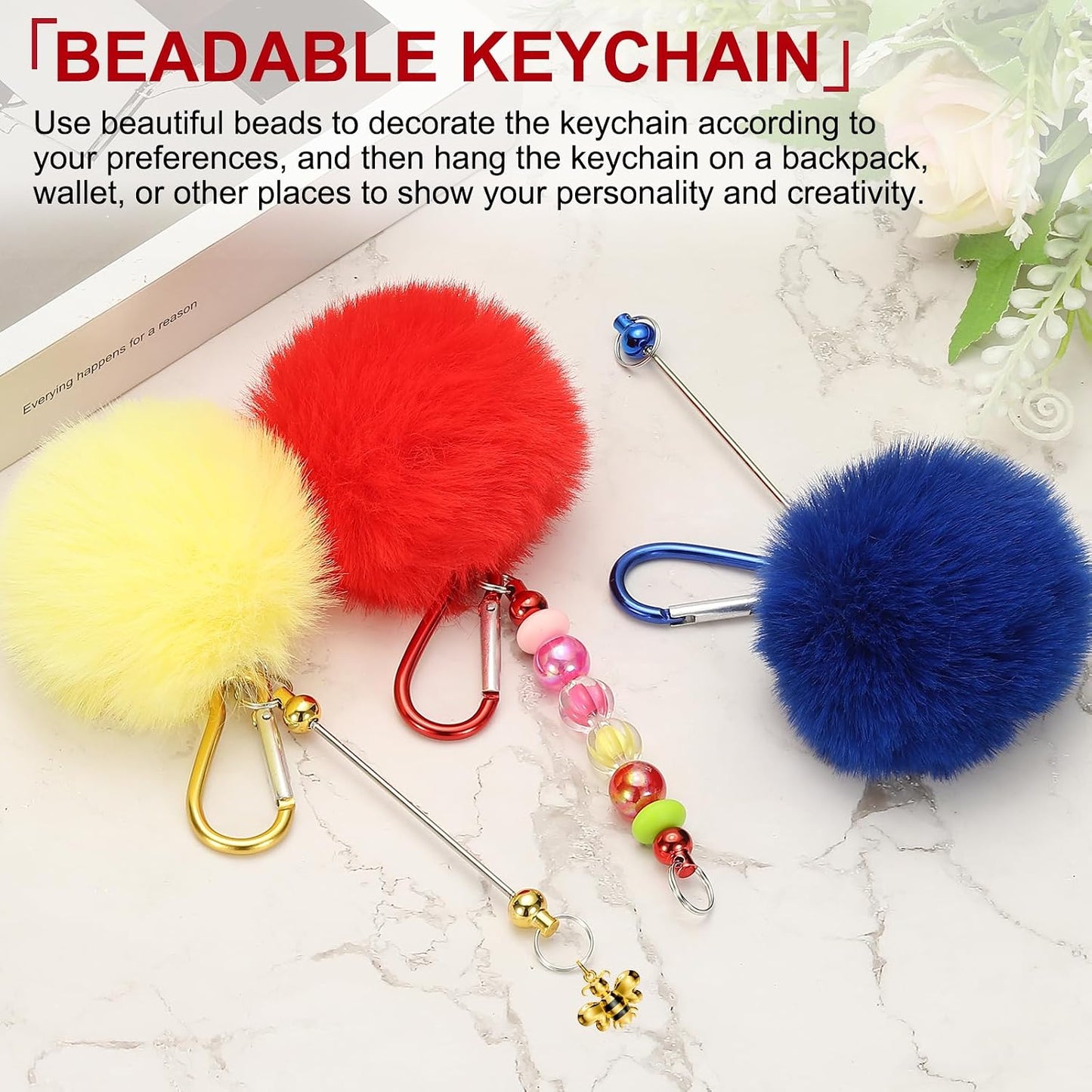PATIKIL Beadable Keychain Bars, Plush Ball Beaded Keychain Blanks Bulk Making Supplies Kit with Snap Hook for Pendant DIY