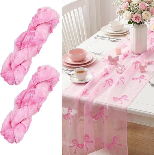 2 Pcs Pink Bow Table Runner, 28 x 118 Inch Pink Bow Tulle Table Runner 9.8 Feet Cute Gauze Dessert Tables Runners for Birthday, Party, Baby Shower, Wedding, Valentine's Day
