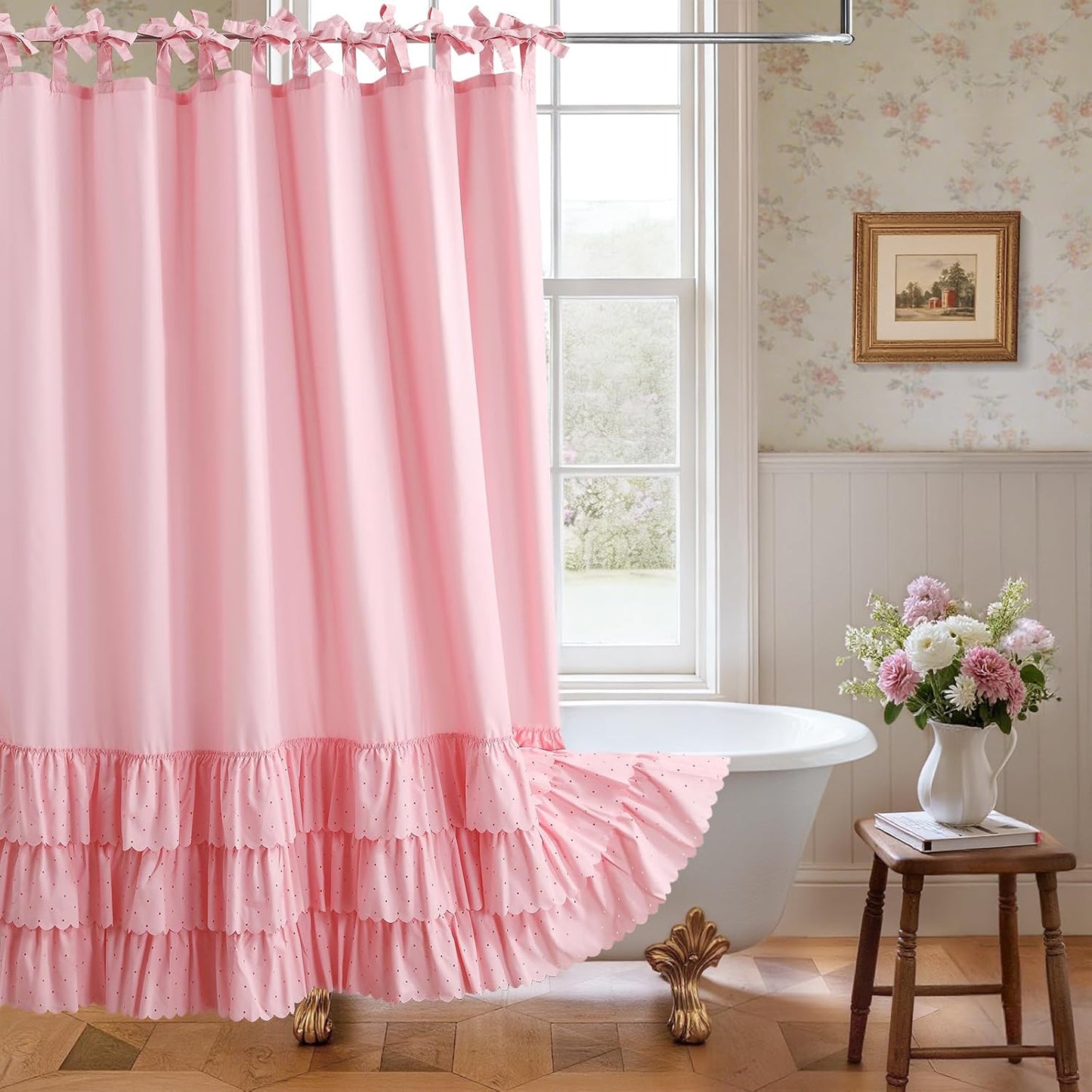 Boho Pink Ruffle Shower Curtains,Waterproof Microfiber Fabric Bow-Tie Decorative Bath Curtains for Bathroom,72" W x 72" H