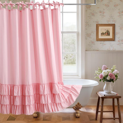 Boho Pink Ruffle Shower Curtains,Waterproof Microfiber Fabric Bow-Tie Decorative Bath Curtains for Bathroom,72" W x 72" H