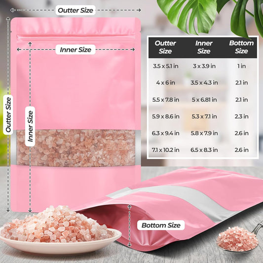 Funfery 100 Pcs Smell Proof Packaging Bags,Mylar Clear Bags for Food Storage,Sealable Bag for Packaging,Stand Up Pouches with Window,ReSealable Bag for Small Business,Cookies,Candy(Pink,4x6in)