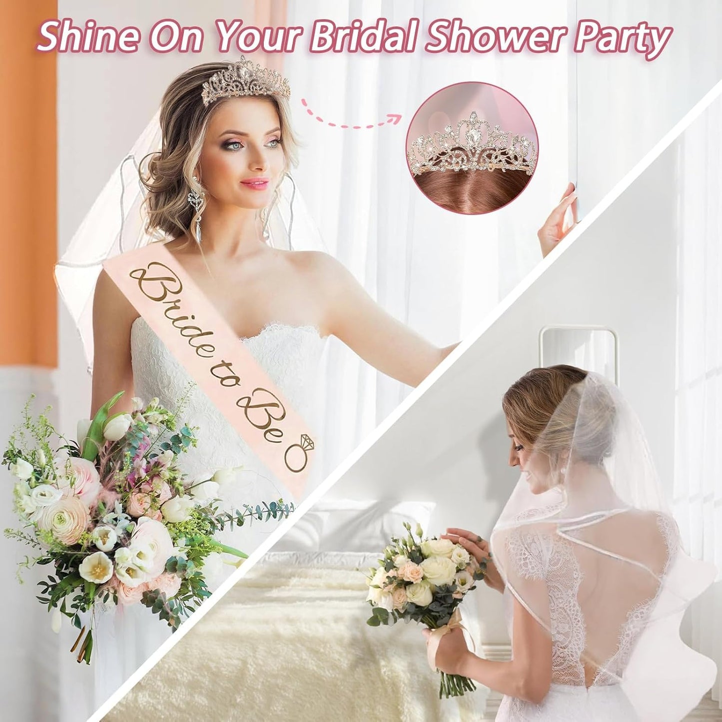 121 Pcs Bachelorette Party Decorations Kit Rose Gold Bridal Shower Balloons Decor Bride to Be Backdrop, Sash, Veil, Crown, Diamond Ring Foil Balloons, Photo Booth Props Supplies
