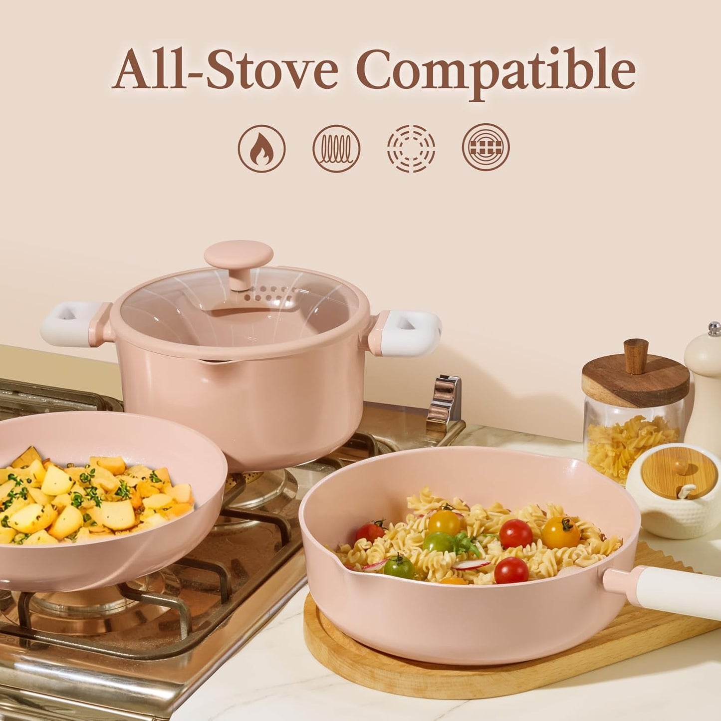 CAROTE Pots and Pans Set Nonstick, Ceramic Cookware Set, Pink Cooking Set Kitchen Induction Set with Steamer, PFAS PTFE Free,9 Piece