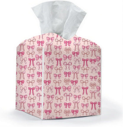 Tissue Box Cover, Tissue Box Holder, Square with Belt Bottom, PU Leather Decorative Organizer for Desk, Tabletop, Countertop Bathroom, Toilet Car, Office, Dresser Bedside, Aesthetic Pink Bow Decor