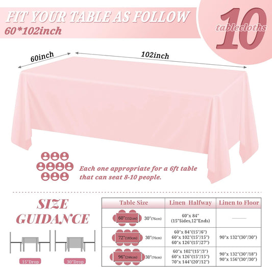 10 Pack 60 x 102 Inch Rectangle Tablecloth, Pink Tablecloth for 6 Feet Rectangle Tables, Stain and Wrinkle Resistant Washable Fabric Table Cloth for Wedding Dining Table Buffet Parties Camping