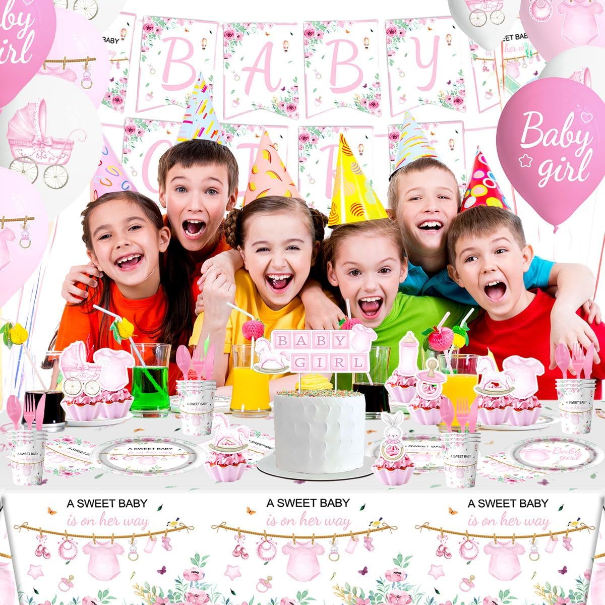 141Pcs Pink Baby Shower Decorations, Sweet Girl Tableware Set , Girls Gender Reveal Party Decorations Supplies