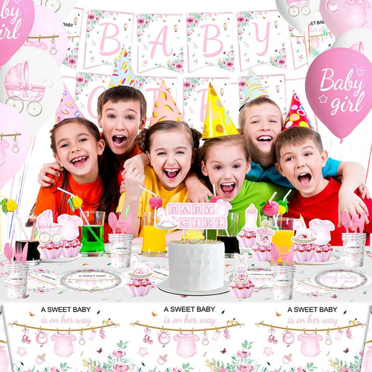 141Pcs Pink Baby Shower Decorations, Sweet Girl Tableware Set , Girls Gender Reveal Party Decorations Supplies