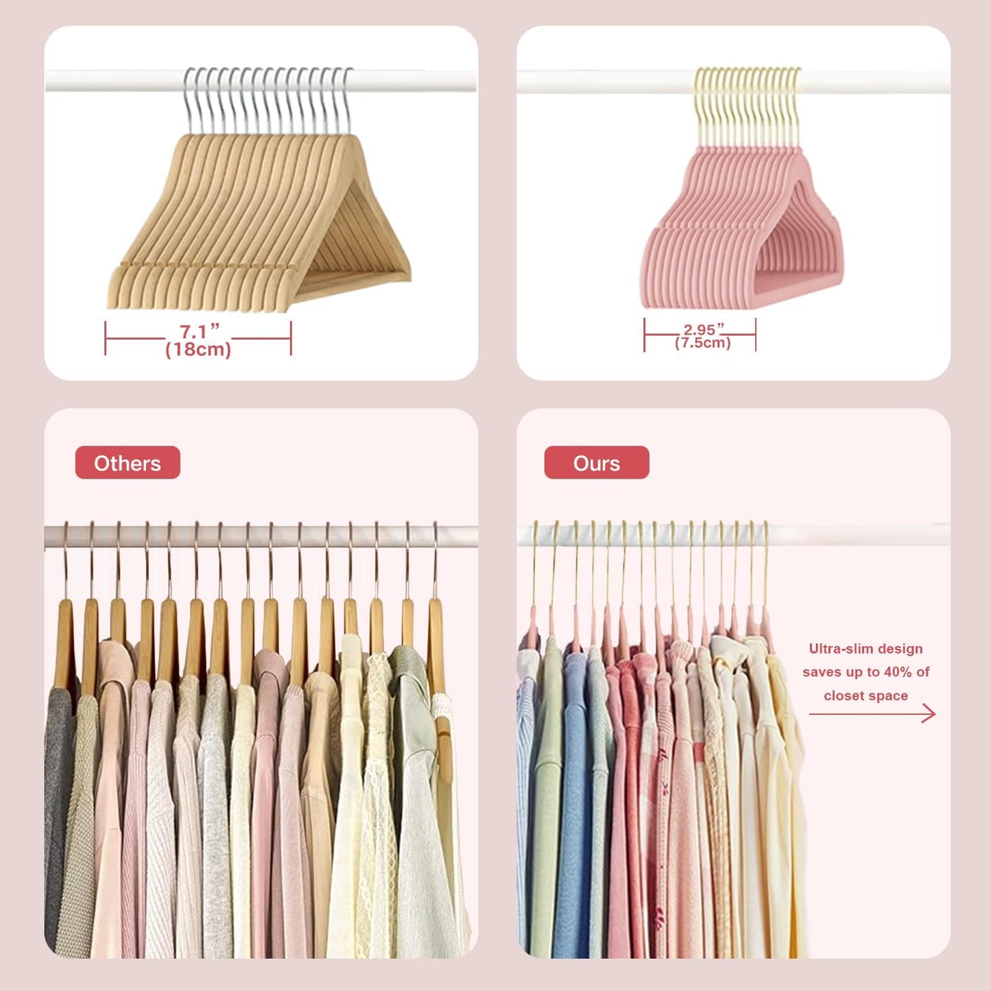 52 Packs Velvet Clothes Hangers, 17.3 Inches Non-Slip Skirt Hangers, Sturdy Dresses Hangers with Shoulder Notches, Space Saving Clothing Hangers for Adults, Pink with Gold Hook