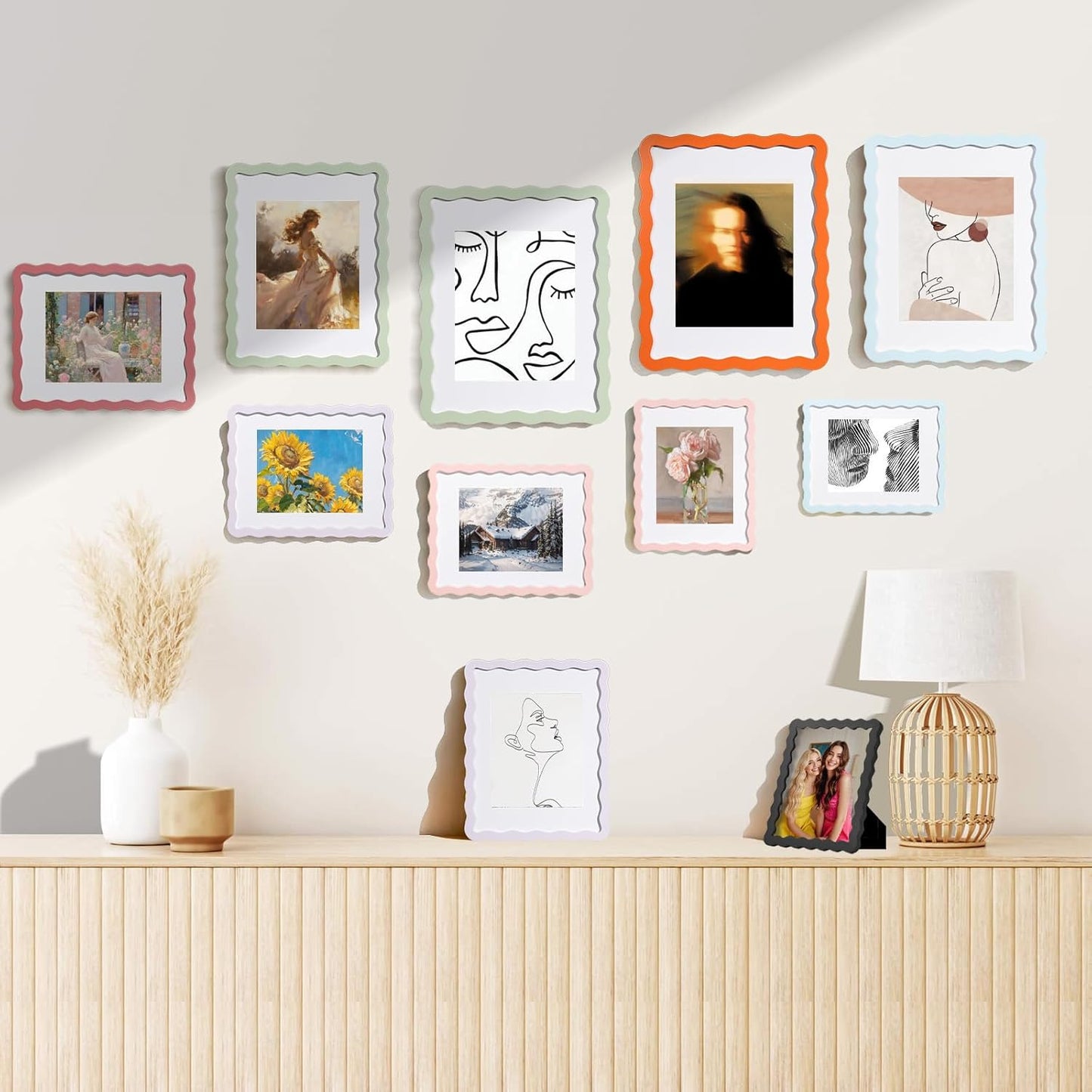 8x10 Cute Picture Frame, Wavy Curved Photo Frame with 5x7 Mat and Real Glass, Unique Funky Frame for Table and Wall Display, Home Office Desk Decoration Art, Baby Girl Gift (8x10, Light Pink)