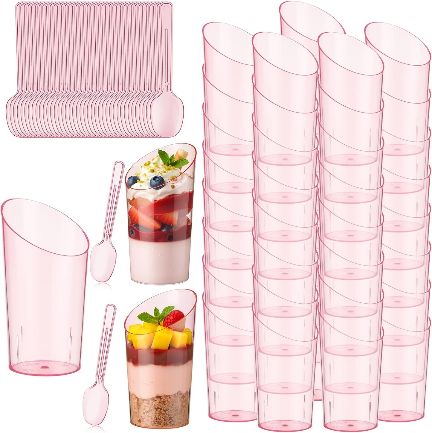 Newtay 50 Pcs 3oz Mini Slanted Dessert Cups with Spoons, Pink Ice Cream Cups for Graduation Party, Disposable Buffet Serving Bows for Birthday Wedding Brunch, Nuts Salad Snacks Yogurt
