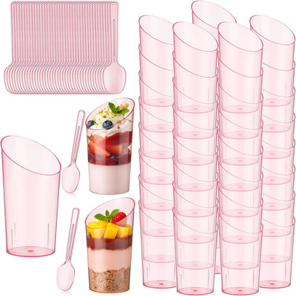 Newtay 50 Pcs 3oz Mini Slanted Dessert Cups with Spoons, Pink Ice Cream Cups for Graduation Party, Disposable Buffet Serving Bows for Birthday Wedding Brunch, Nuts Salad Snacks Yogurt