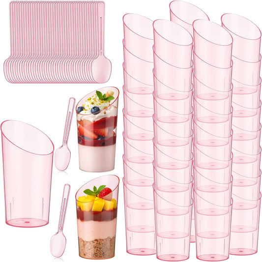 Newtay 50 Pcs 3oz Mini Slanted Dessert Cups with Spoons, Pink Ice Cream Cups for Graduation Party, Disposable Buffet Serving Bows for Birthday Wedding Brunch, Nuts Salad Snacks Yogurt