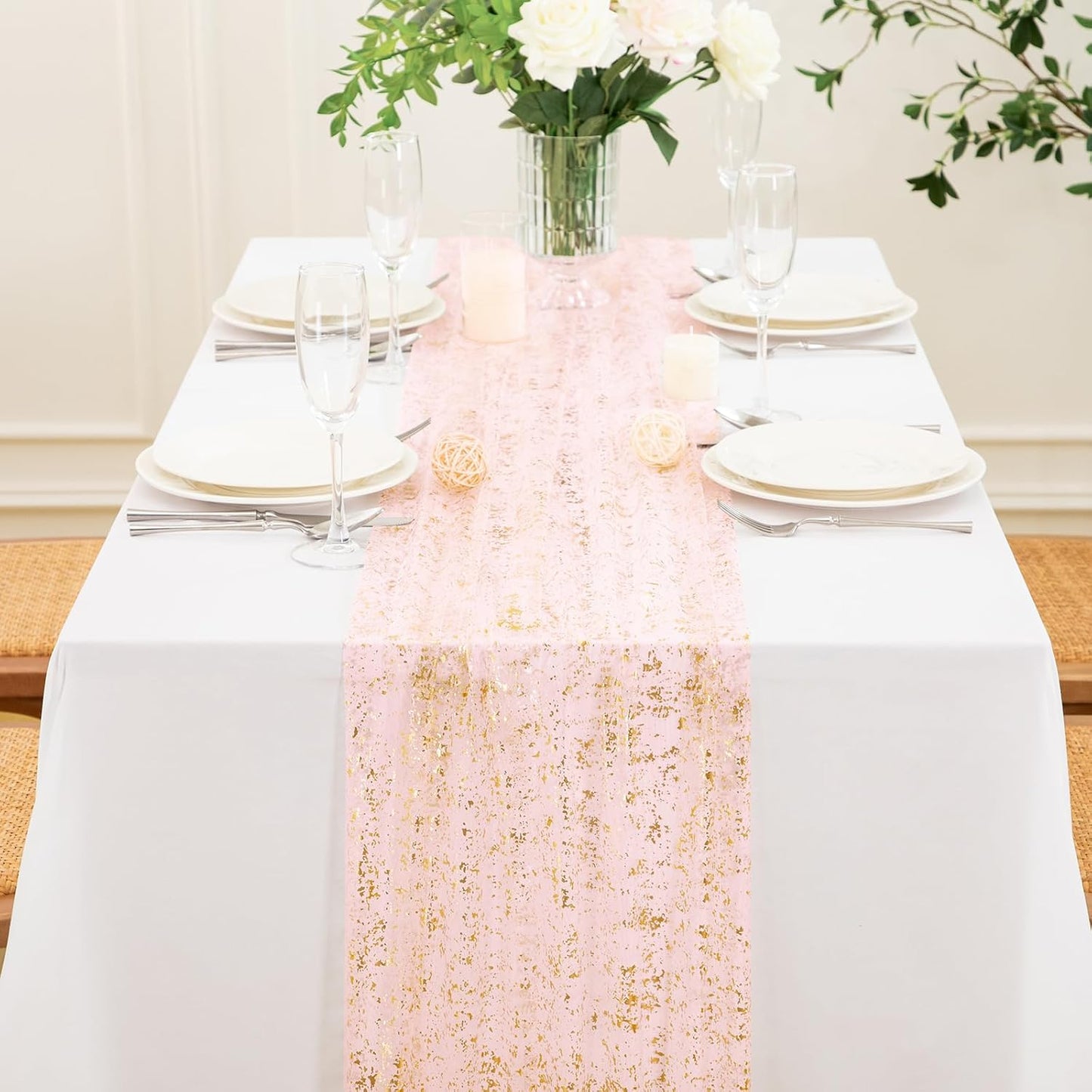 P Pothuiny 2 Pcs Light Pink Table Runner 28 x 120 Inch, Glitter Metallic Foil Tulle Table Runner Party Golden Sheer Gauze Table Decor for Wedding Birthday Christmas Anniversary