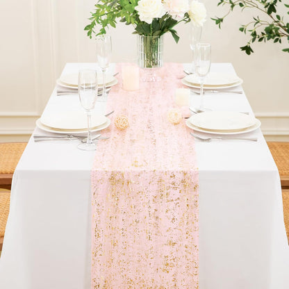 P Pothuiny 2 Pcs Light Pink Table Runner 28 x 120 Inch, Glitter Metallic Foil Tulle Table Runner Party Golden Sheer Gauze Table Decor for Wedding Birthday Christmas Anniversary