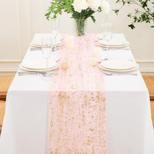 P Pothuiny 2 Pcs Light Pink Table Runner 28 x 120 Inch, Glitter Metallic Foil Tulle Table Runner Party Golden Sheer Gauze Table Decor for Wedding Birthday Christmas Anniversary