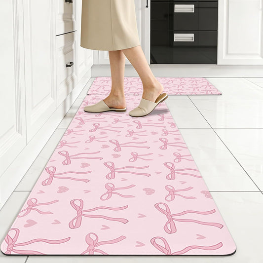 Pink Bow Kitchen Rug Set, Bow Gift 2 Piece Non-Slip Floor Mat with Colorful Daisy Bow Design Home Decoration for Home Bedroom Kitchen