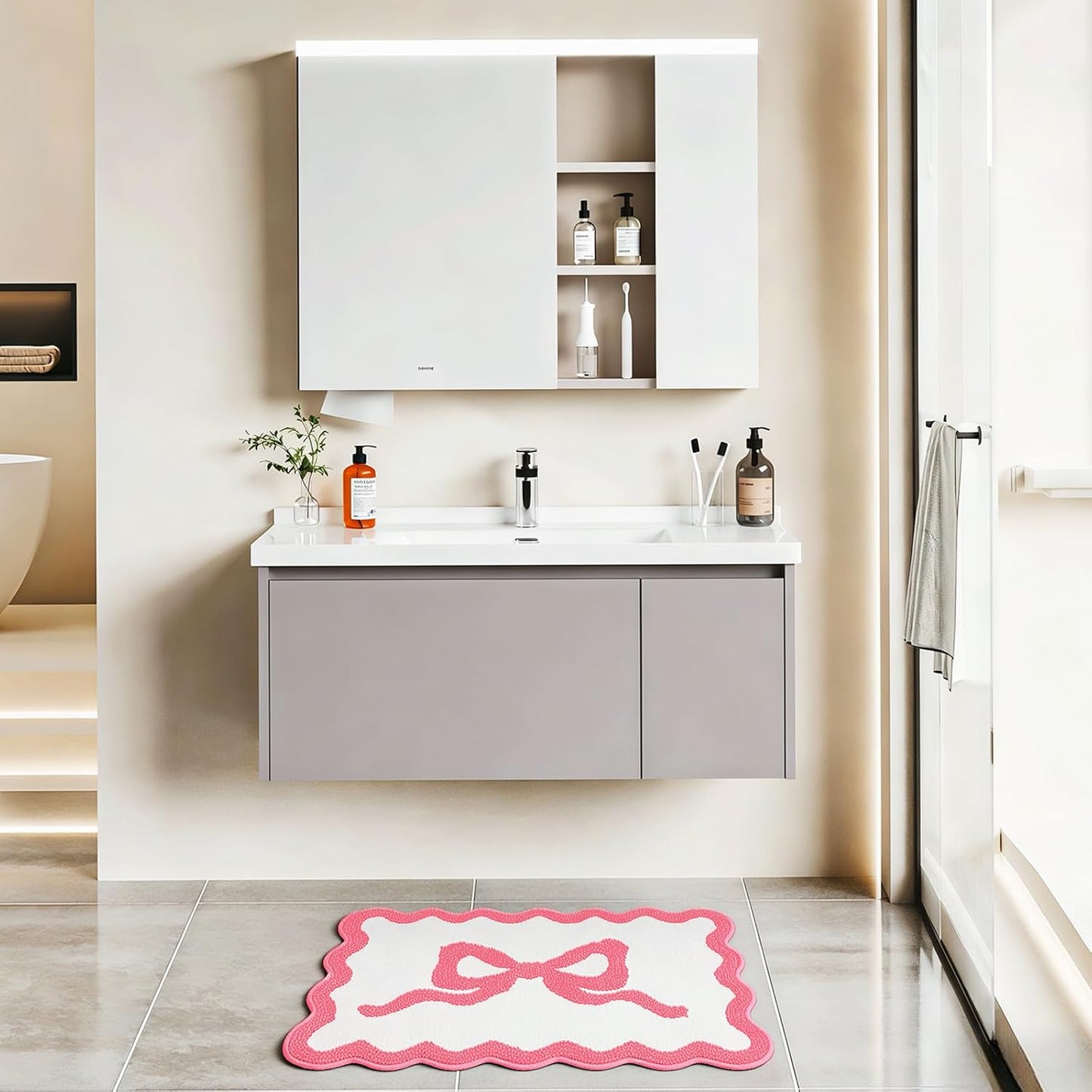 Pink Bow Bathroom Rug Mat Set 3 Piece, Microfiber Shaggy Bath Set, Non-Slip Ultra Soft Carpet Mats, Absorbent with U-Shaped Toilet for Bathroom, Tub, Shower (Pink)