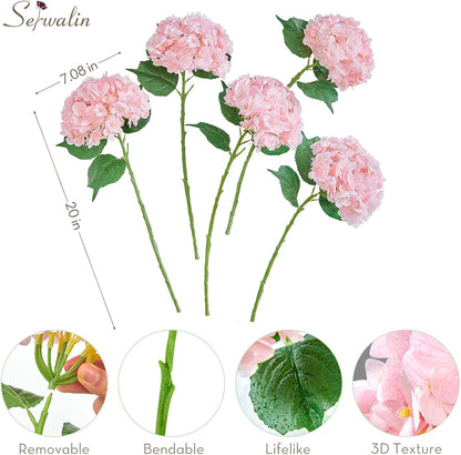 Serwalin 𝟱𝙋𝘾𝙎 3D Real Touch Hydrangea Artificial Flowers, 20in Lifelike Pink Latex Fake Hydrangea Flowers for Wedding Office Family Party Living Room Table Decoration (Pink)