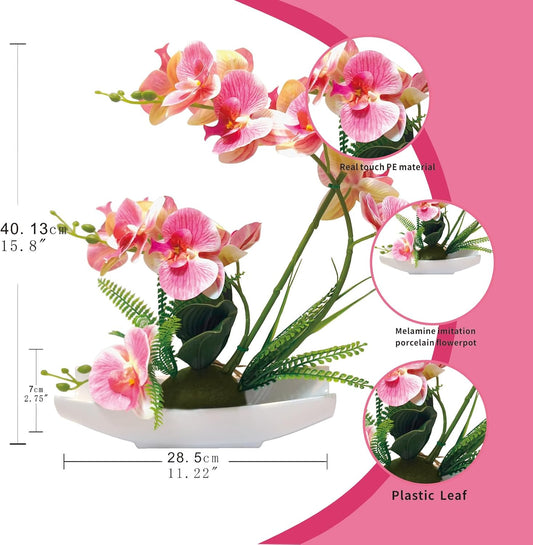 15.8" Tall Orchids Pink Orchid Artificial Flowers,Artificial Orchids in Pot,Fake Orchid,Centerpiece Flowers,Faux Orchid Arrangements for Home Decoration (Pink+White vase)