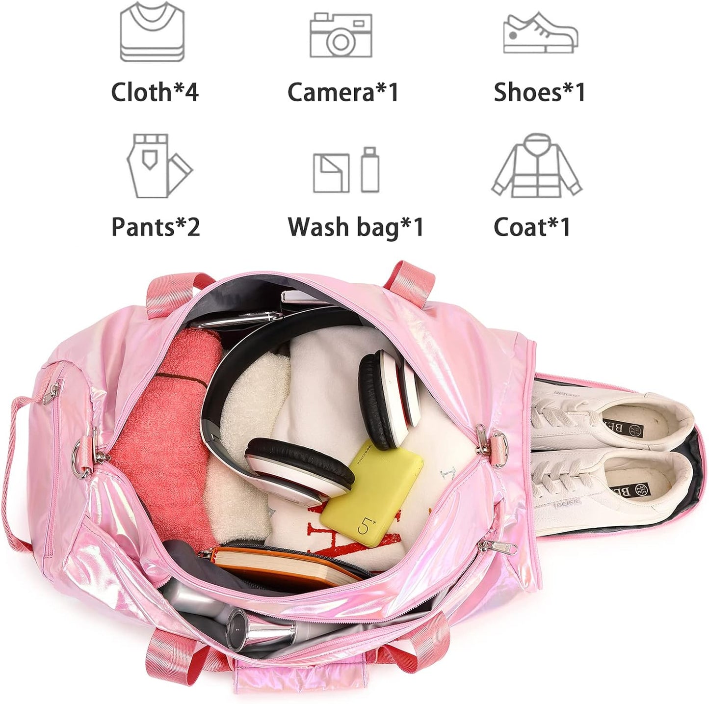 Gym Bag Sports Duffle Bag with Wet Pocket Weekender Overnight Bags with Waterproof Shoe Compartment for Girls Kids Women Travel Dance Yoga Workout Bags (Pink)
