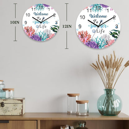 Underwater Coastal Wall Clock Battery Operated Non-Ticking 12" Round Wood Clocks, Summer Ocean Pink Plaid Corals Kitchen Wall Clock for School Bathroom Living Room Home Office Wall Decor