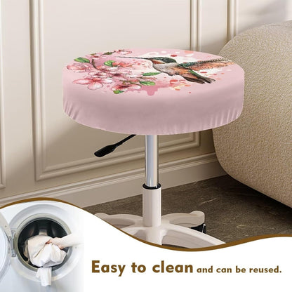 Lotusorchid Hummingbird Stool Covers 2 Pack, Peach Blossom Stool Cushion Cover with Elastic, Washable Round Seat Covers for Bar Stools, Comfy Stool Slipcovers Round, Pink