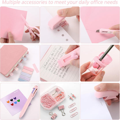 Pink Mini Office Supply Kit Mini School Supplies Desk Accessory Set Includes Mini Stapler Pencil Sharpener Staple Remover Hole Punch Ballpoint Pen Scissor Box Cutter Paper Clips Sticky Index Tabs