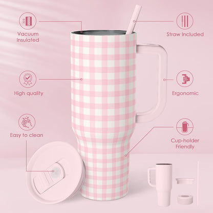 SANDJEST Pink Gingham 40oz Slider Tumbler with Handle and Straw - Insulated Stainless Steel Travel Coffee Mug for Women Girls, Gift for Birthday, Christmas