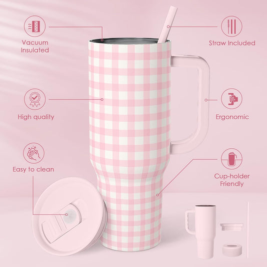 SANDJEST Pink Gingham 40oz Slider Tumbler with Handle and Straw - Insulated Stainless Steel Travel Coffee Mug for Women Girls, Gift for Birthday, Christmas