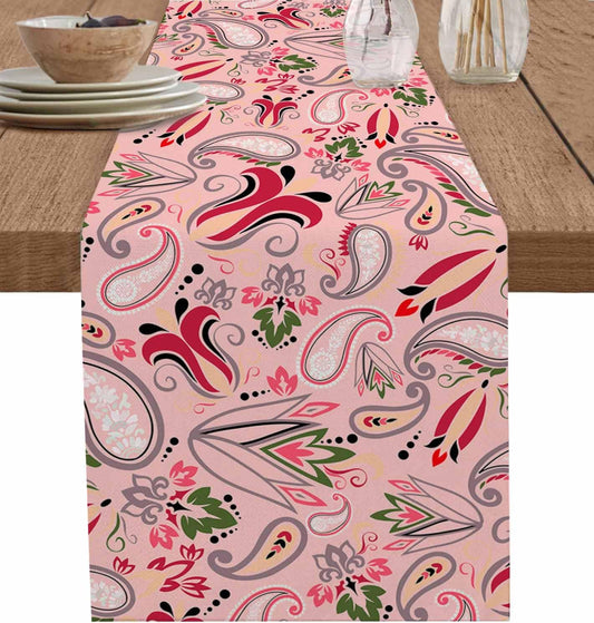 Table Runners-72 Inch Long,Vintage Baroque Style Floral Linen Dresser Scarves Dining Table Runner Abstract Pink Paisley Flowers Tabletop Scarf for Home Kitchen Holiday Party Decor