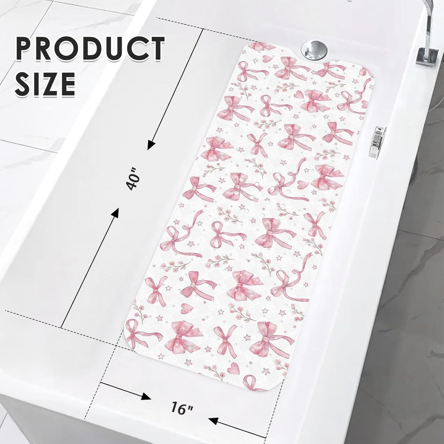 Pink Bow Watercolor Bathtub Shower Mat Flower Star Non-Slip Tub Extra Long Bath Floor 40X16 Inch Machine Washable for Bathroom Tub Bath Mat for Toddler and Baby