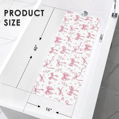 Pink Bow Watercolor Bathtub Shower Mat Flower Star Non-Slip Tub Extra Long Bath Floor 40X16 Inch Machine Washable for Bathroom Tub Bath Mat for Toddler and Baby