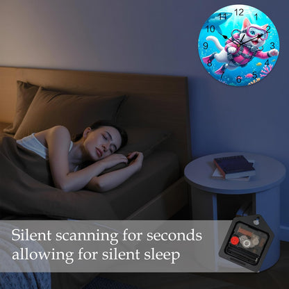 Cute Cat Round Wall Clocks 10 Inch Pink Diving Suit Shark Purple Coral Fish Summer Silent Non-Ticking Battery Operated PVC Clock for Wall Home Decor Kitchen Living Room Bedroom Office