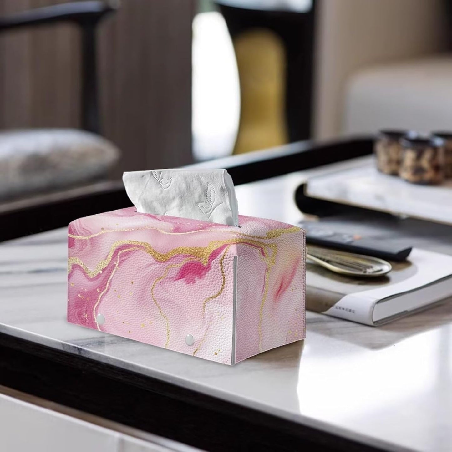 Pink Marble Printed Cuboid Tissue Box Holder Rectangular Napkin Organizer PU Leather Tissue Box Holder for Home/Office/Car