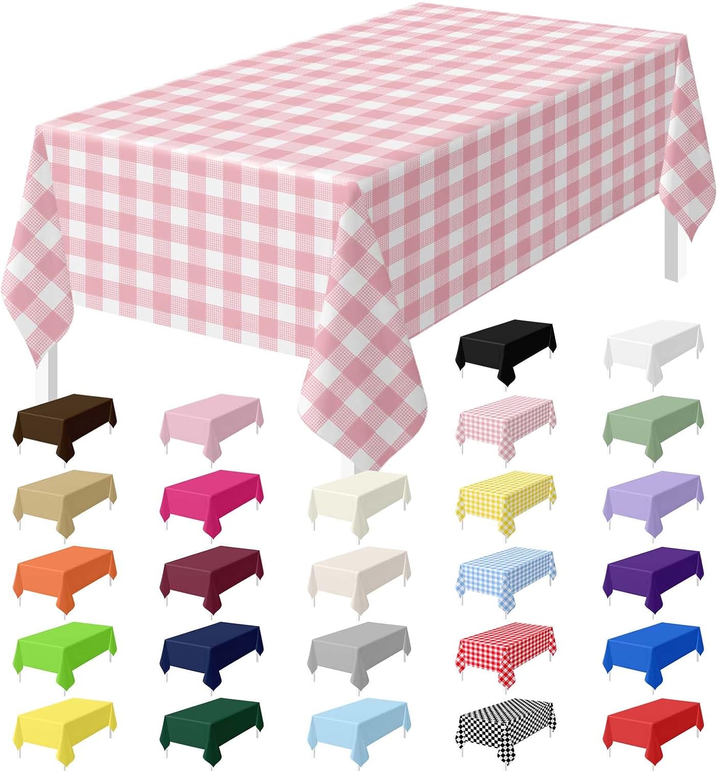 HEIPINIUYE 2 Pack Pink Gingham Tablecloth Disposable 54 x 108 Inch Pink and White Plaid Plastic Table Cloth Disposable Rectangle Table Cover for Party Birthday Picnic Checkered Tablecloths