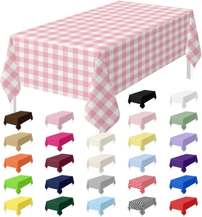 HEIPINIUYE 2 Pack Pink Gingham Tablecloth Disposable 54 x 108 Inch Pink and White Plaid Plastic Table Cloth Disposable Rectangle Table Cover for Party Birthday Picnic Checkered Tablecloths