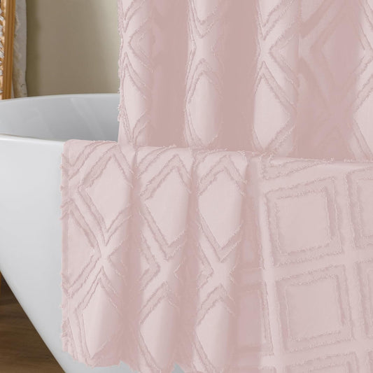 OWENIE Blush Shower Curtain Set, Jacquard Geometric Textured Fabric Boho Shower Curtain for Bathroom, Soft Hotel Style Farmhouse Shower Curtains Grommet Top 12 Hooks, Machine Washable, 72x72, Blush