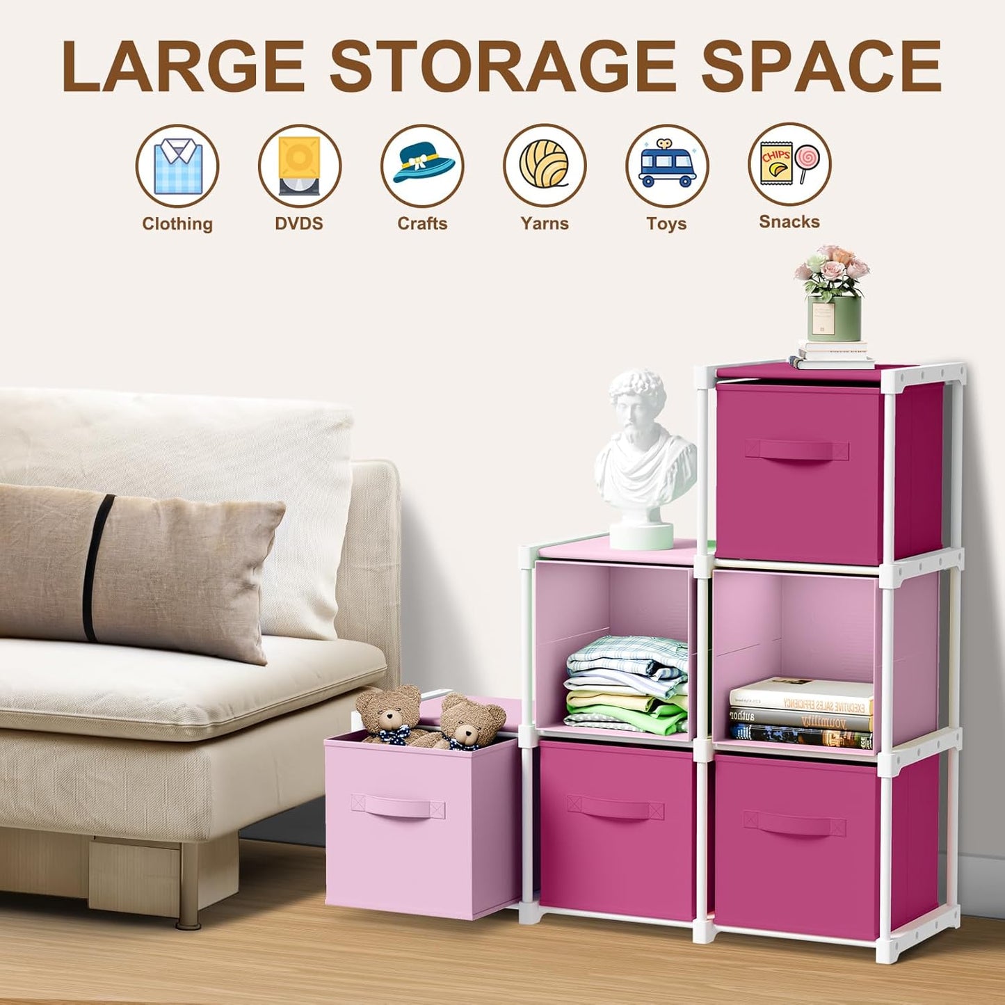 Briwooody 6 Cube Storage Organizer Bins with Shelf 11x11 Cabinet Drawer Dresser Closet Organizer and Storage Fabric Toy Boxes for Nursery Playroom Back to School Dorm for Clothes (Pink,Rose)
