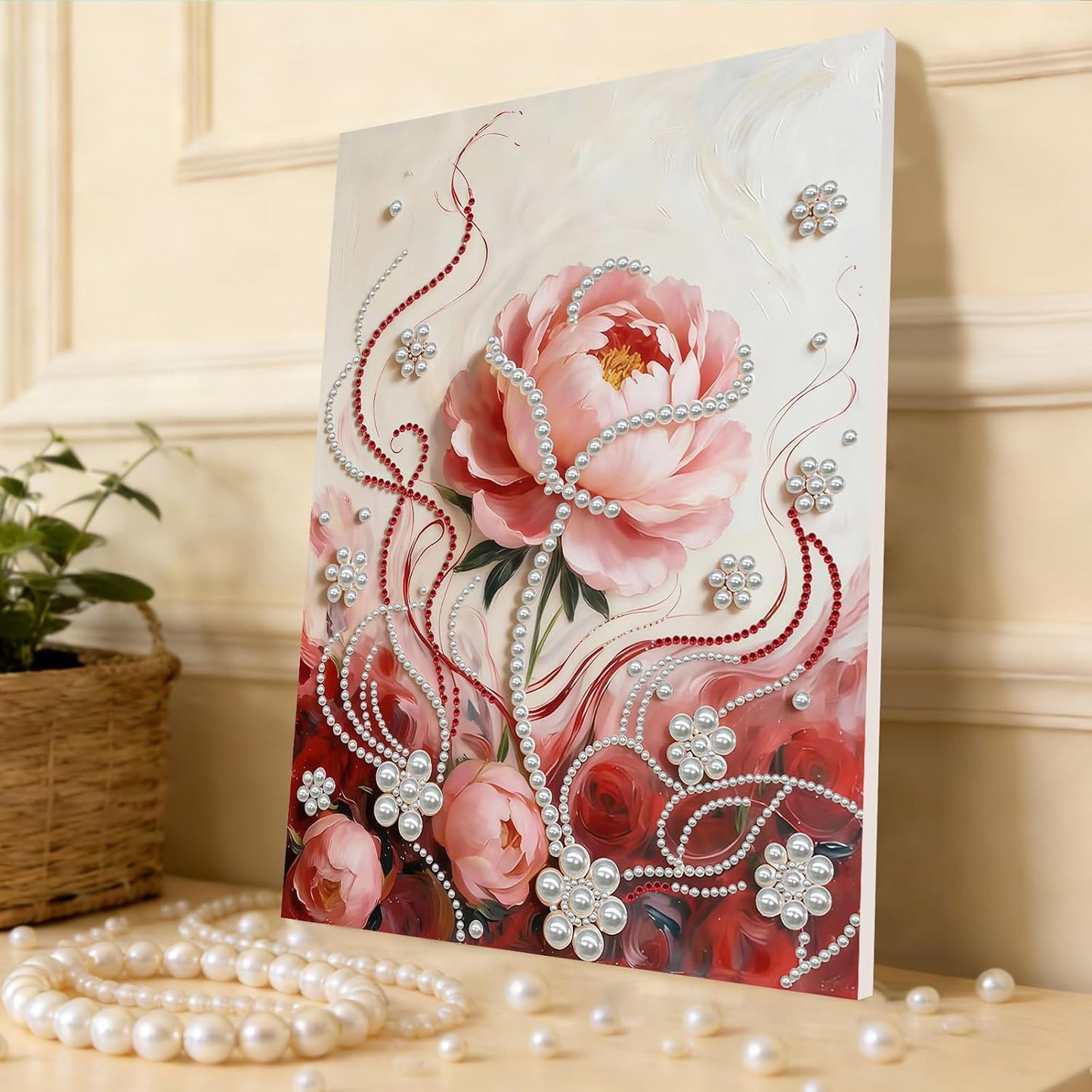 DIY Diamond Pearl Painting Kit for Adults, Beginner Friendly Craft Kits with Frame 30x40cm,Home Decor Housewarming Gift, Diamond Dots Beads Canvas Art for Wall Decor(Pink Rose)